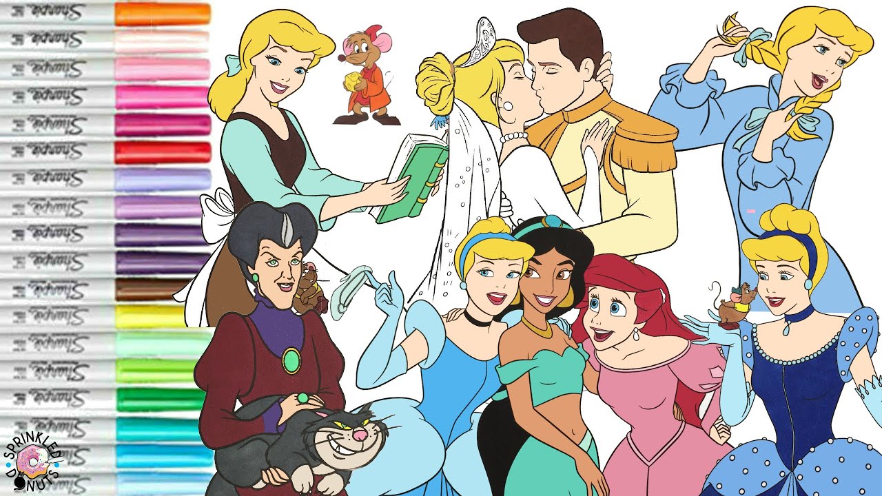 Disney Princess Coloring Book Compilation Cinderella Prince Charming Lady Tremaine Jasmine Ariel Gus