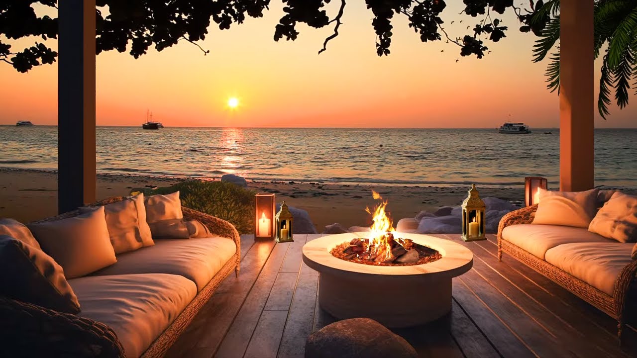 Peaceful Resort Ambience Overlooking The Sea | Water, Crackling Fire, Crickets, Wave Sounds