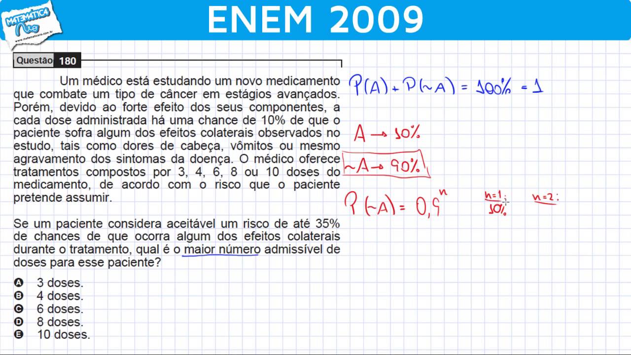 ENEM 2009 Matemática #45 - Probabilidade e Efeitos Colaterais no Tratamento do Câncer