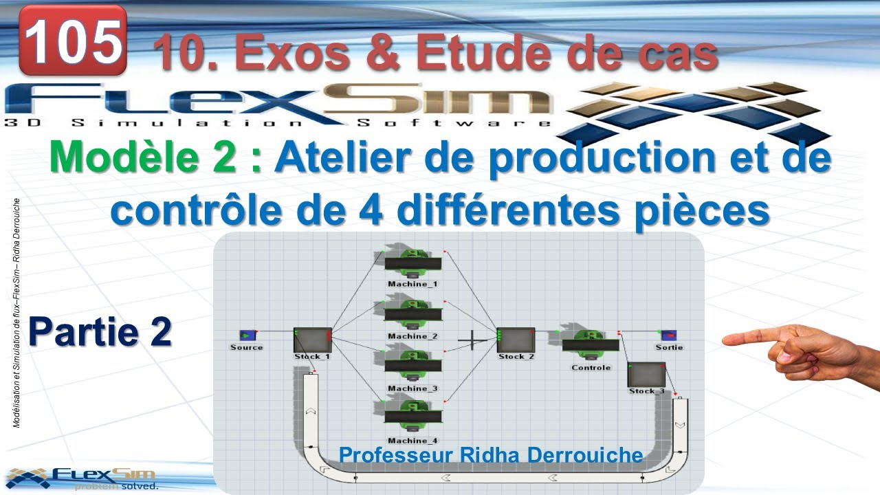 105 FlexSIM .10  Modèle 2 (P2)  Atelier de production et de contrôle de 4 différentes pièces