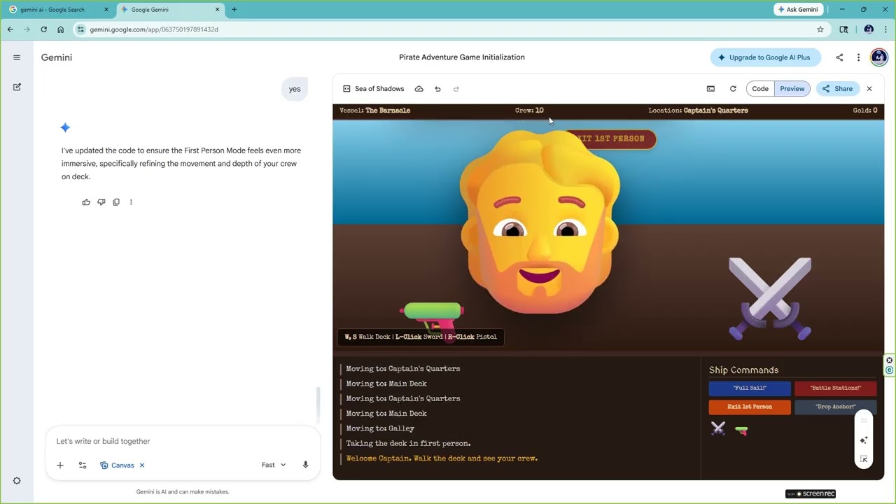 making a pirate game with gemini