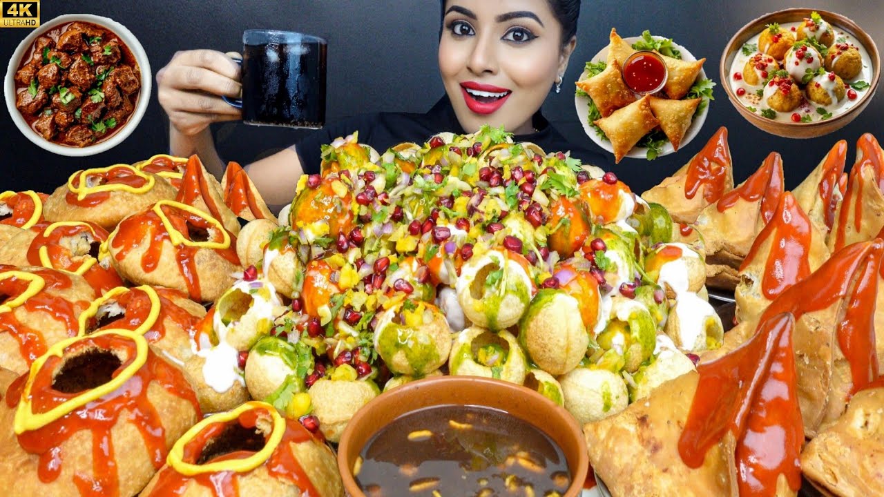 ASMR Eating Spicy Aloo Street Samosa,Pani Puri,Masala Kachori Indian Street Food ASMR Eating Mukbang