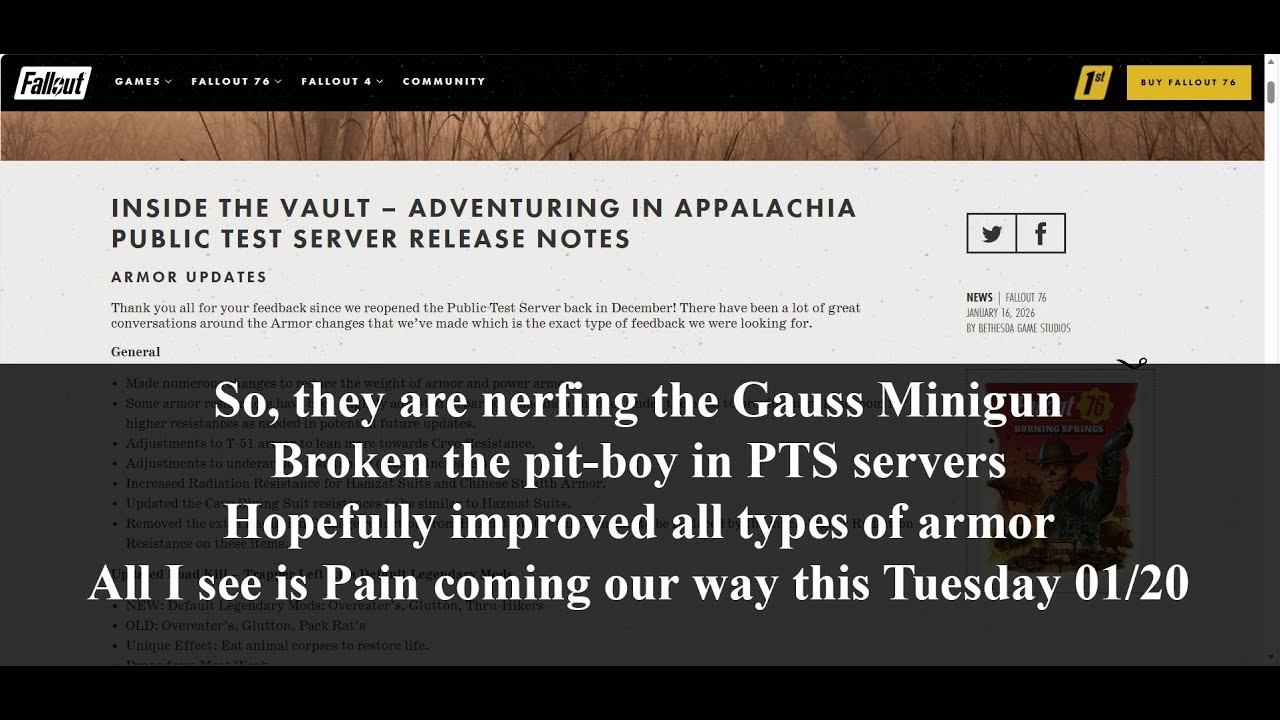 Fallout 76 Inside the Vault Adventuring in Appalachia Public Test Sever January 16, 2026