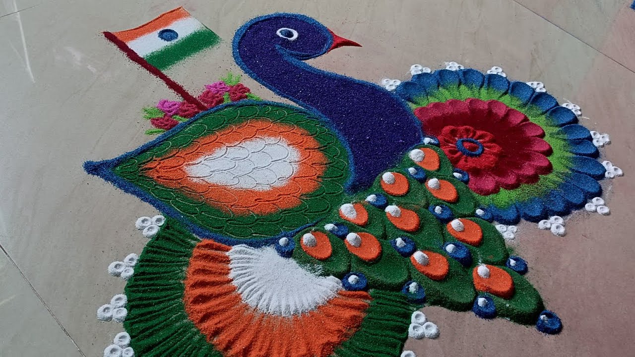 Peacock feathers republic day special rangoli design//peacock rangoli design//