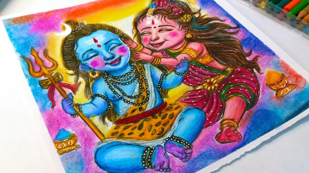 Baby Shiv Parvati Drawing😍shiv parvati playing holi drawing easy/holi special shiv Parvati Drawing 