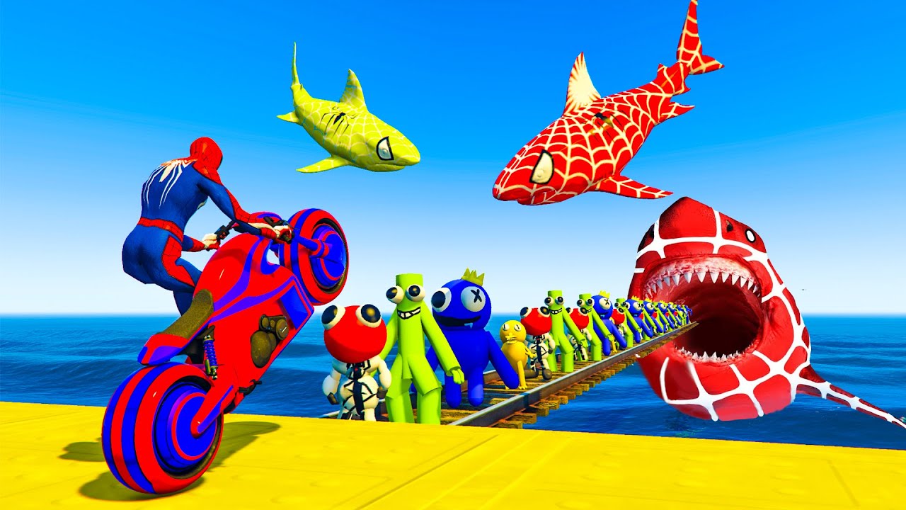GTA V. Spiderman Rides On Crazy Map While All His Friends Are Eaten By Shark Challenge Map By Trevor