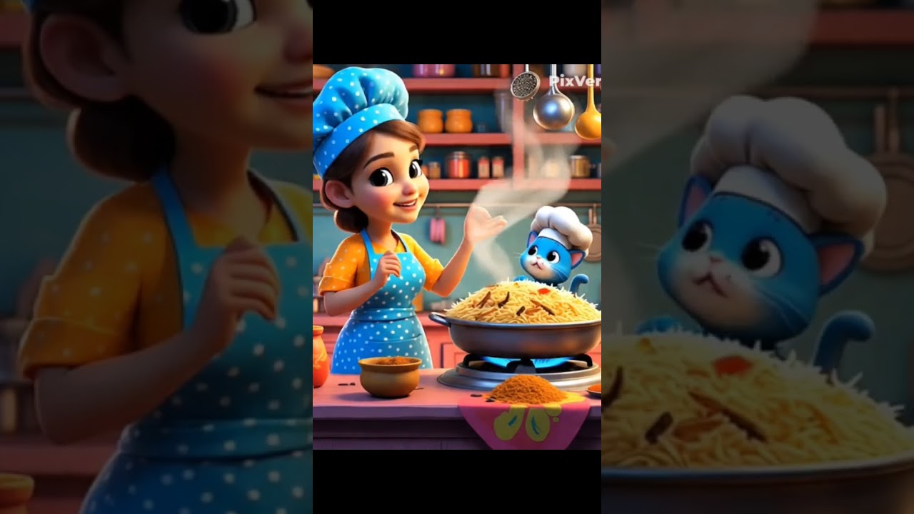 Cat and Girl cooking together biryani #cat #cooking #cartoonvideo #cartoon @Techisrar