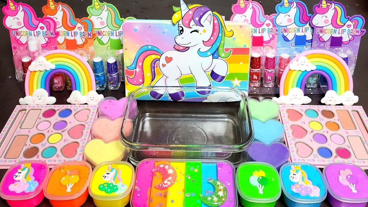 ASMR  RAINBOW UNICORN Slime Mixing Makeup,Parts, Glitter Into Slime!#ASMR#satisfying#slime