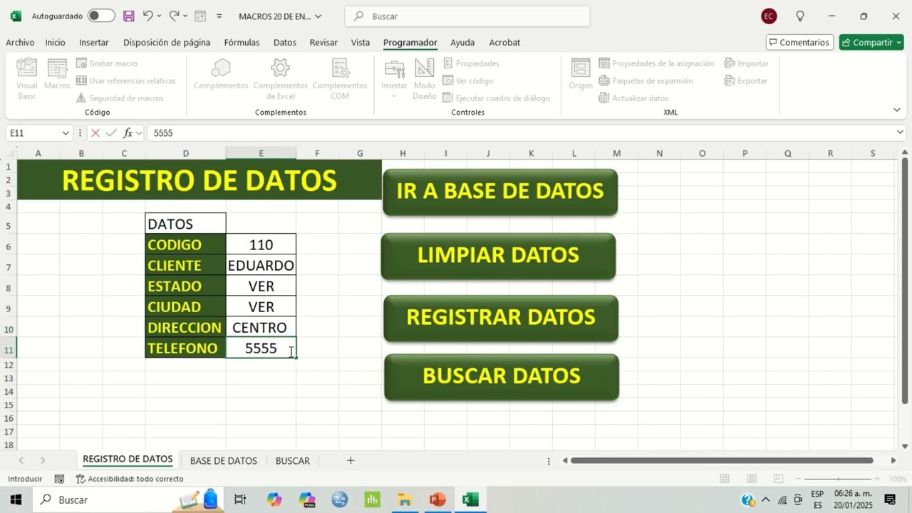 Crear base de datos en Excel con Macros