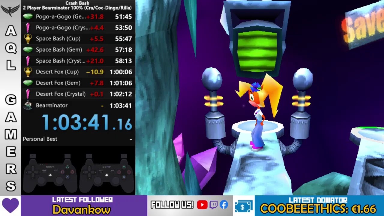🔴[Speedrun Bearminator 100%] Crash Bash - 2 players with Coco and Dingodile - 1:03:41