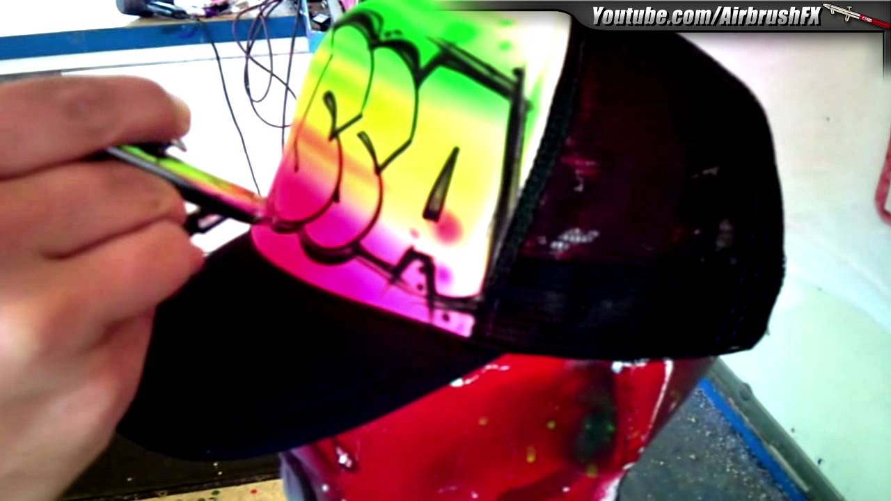 Pete V. How to Airbrush Block letter design on trucker hat.