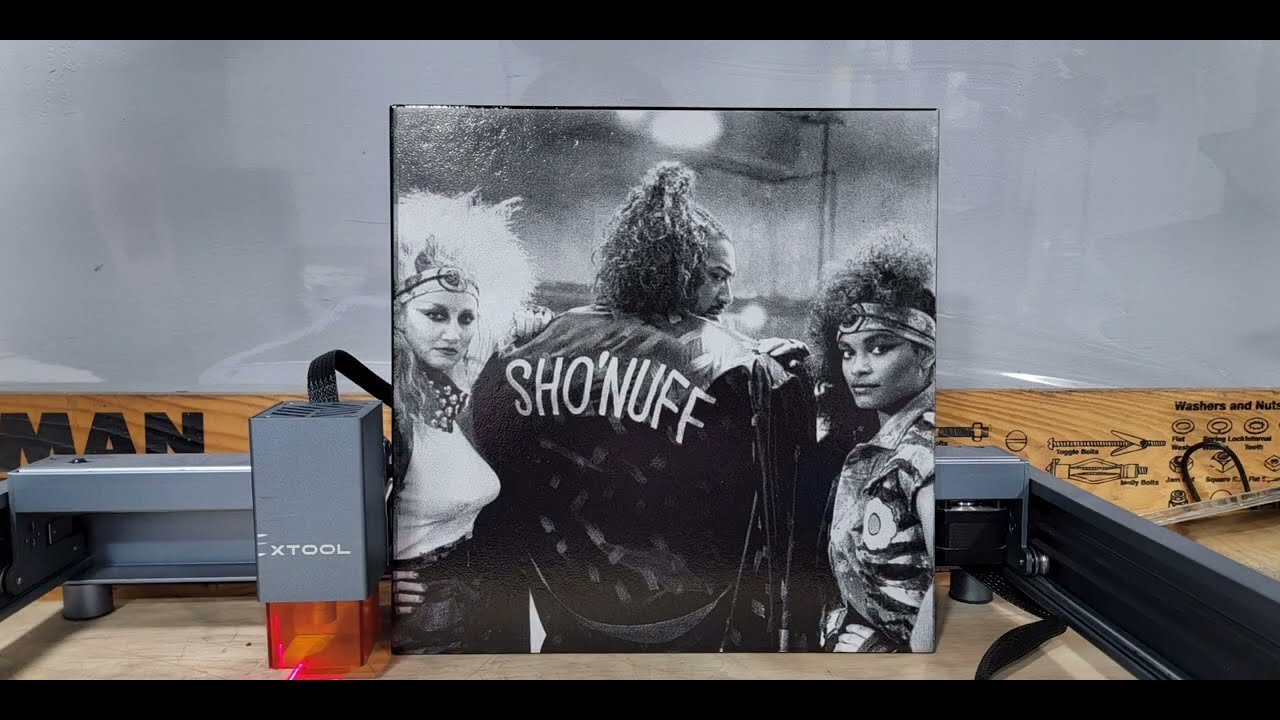 The Last Dragon's SHO'NUFF  engraved on a 12x12 Painted Ceramic tile.  using the XTOOL D1 10 Watt