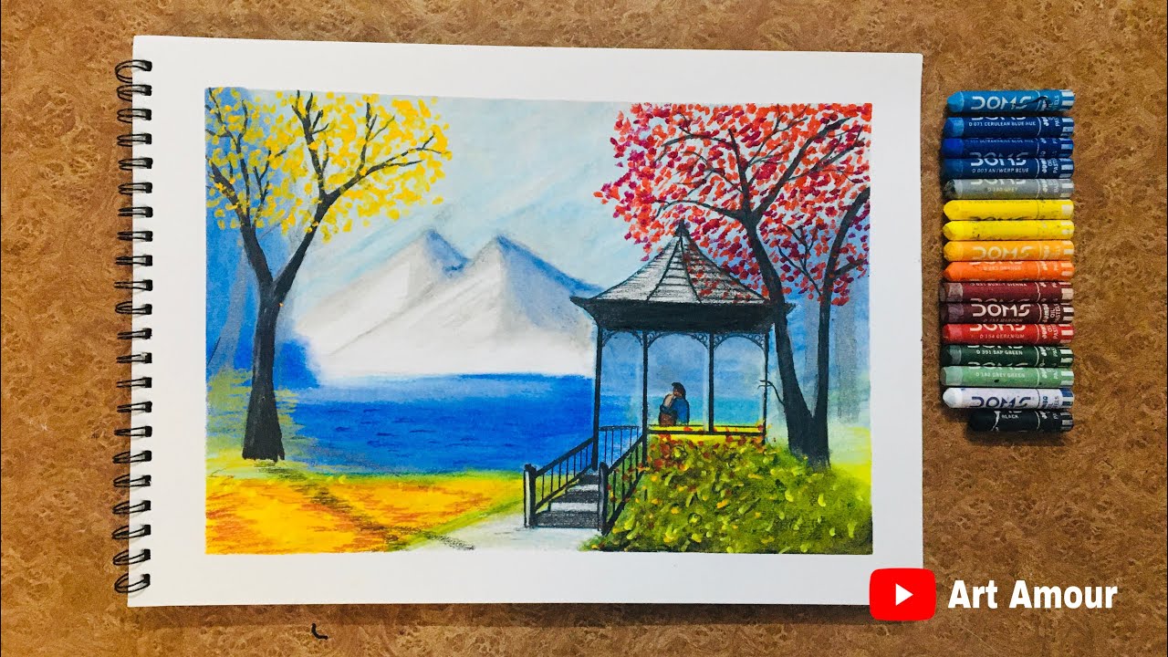Romantic Couple scenery - a beautiful place - Drawing  with oil pastel - step by step