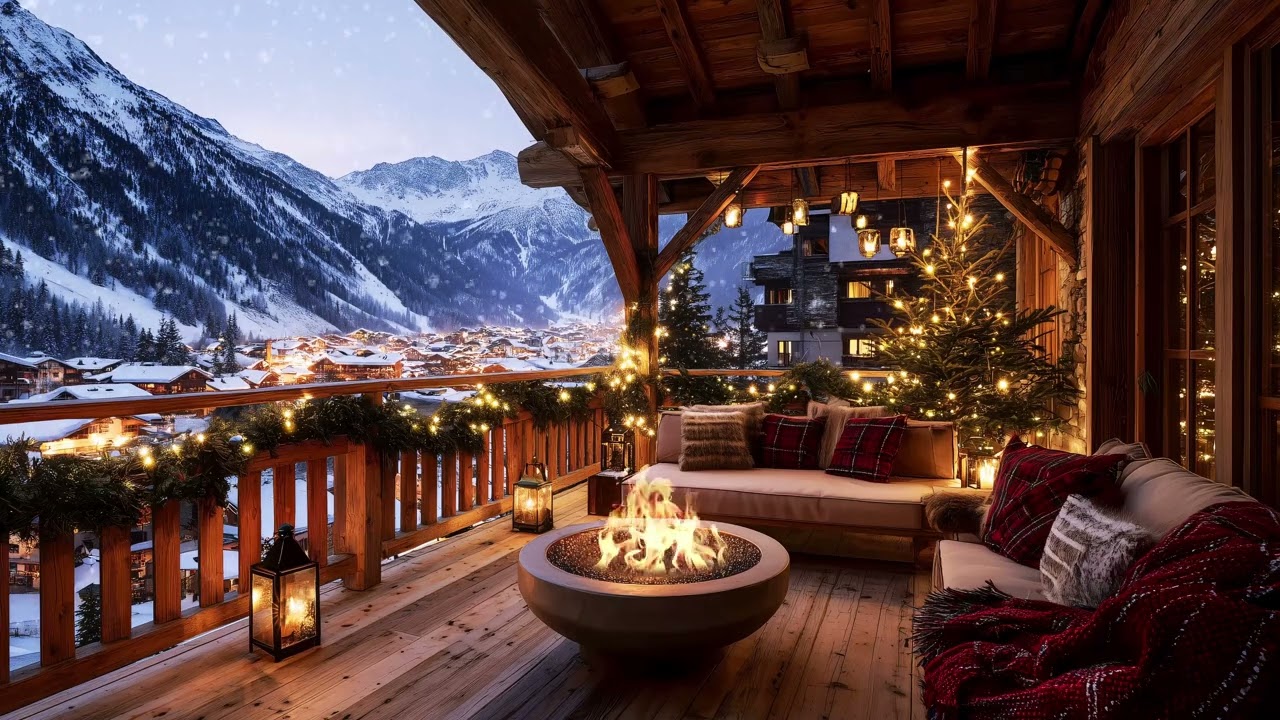 Cozy Winter Terrace Jazz | Alpine Town View | Fireplace Ambience 4K