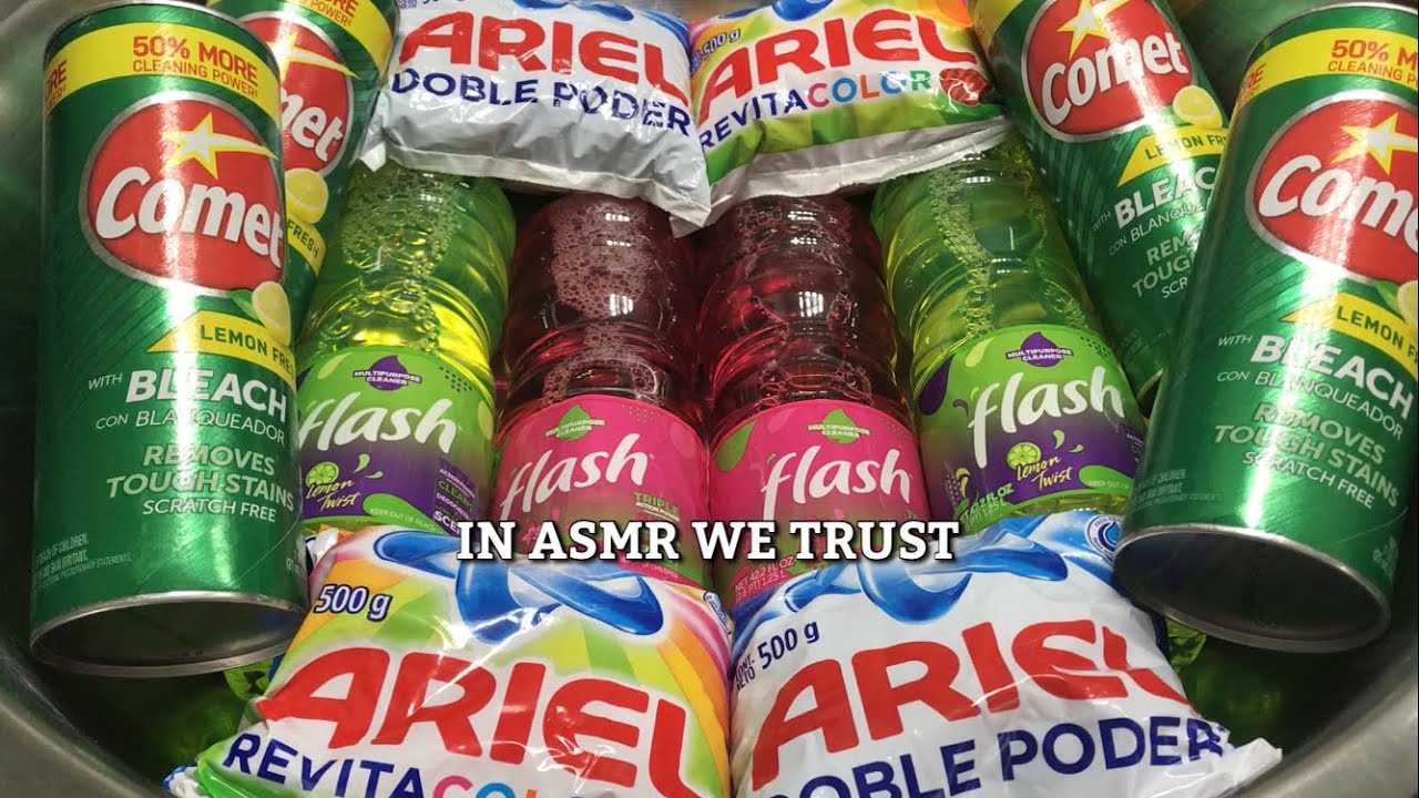 ASMR💖4:4:4 Special💖4 Bottles : 4 Cans : 4 Bags | Product Overload | Lemon Comet, Ariel, & Flash