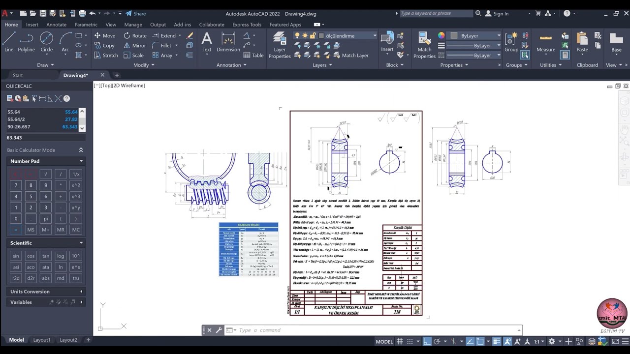 KARŞILIK DİŞLİSİ HESAPLANMASI VE ÖRNEK RESİM (Worm Gear Wheel Sample Technical Drawing)