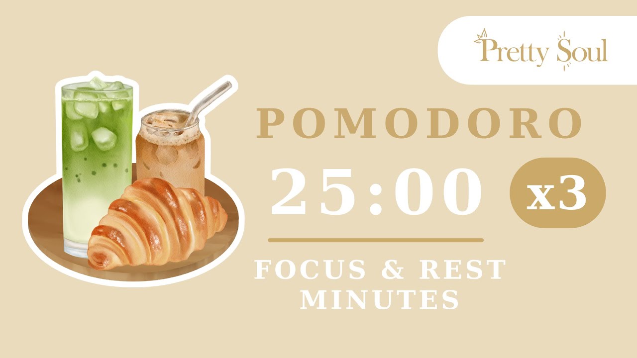 (25/5)x3 Pomodoro Timer Iced Coffe, Matcha & Croassant Aesthetic Productivity  ☕🌱