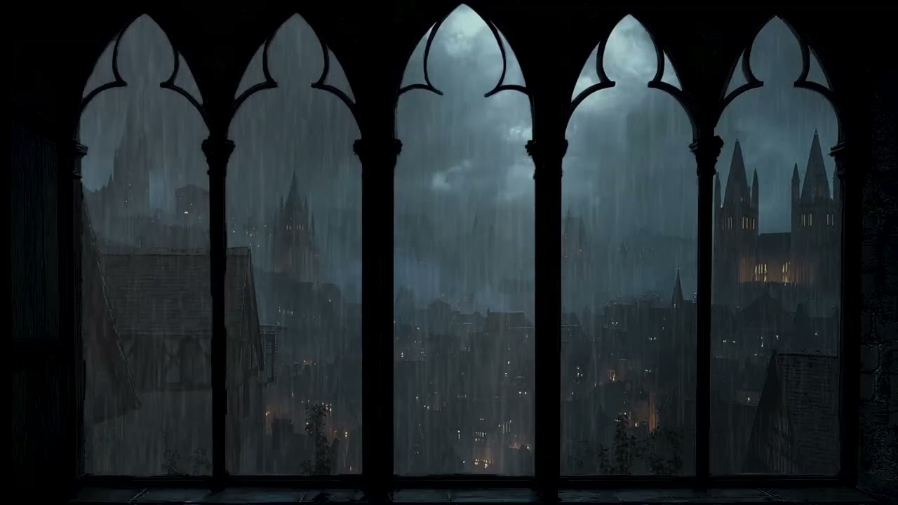 🌧️⚡ Mystical Rainy Window | Gothic Landscape with Thunder & Night Ambience 🏰 For Deep Sleep & Relax