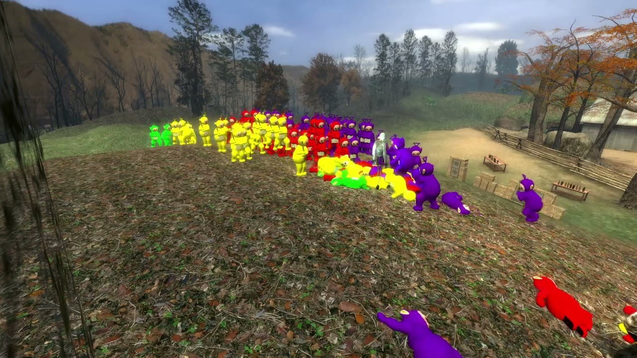 Skinny guy, & girl in a white hoodie with mask Vs. Teletubbies