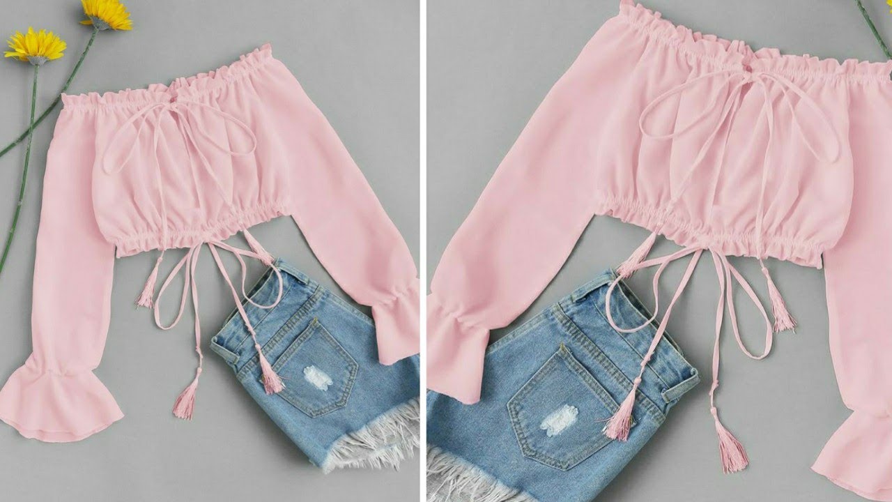 OFF SHOULDER CROP TOP with RUFFLE SLEEVES DESIGN CUTTING AND STITCHING | simple and stylish