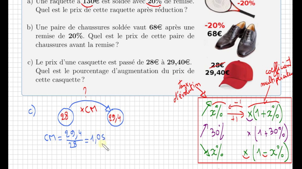 pourcentage • Trouver un prix après réduction, avant réduction et taux d'évolution • Collège Seconde