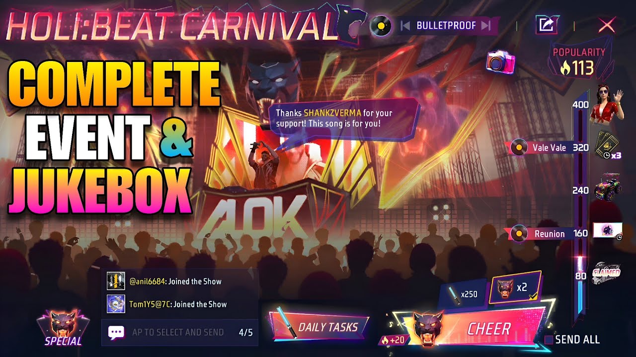 Holi: Beat Carnival Event Completed! 🎉 All Free Rewards + DJ Alok Jukebox | Free Fire
