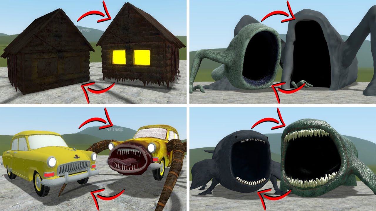 EVERYTHING TURNED INTO MONSTERS: HOUSE HEAD, SEA EATER, CAR EATER VS ALL TREVOR HENDERSON In GMOD!