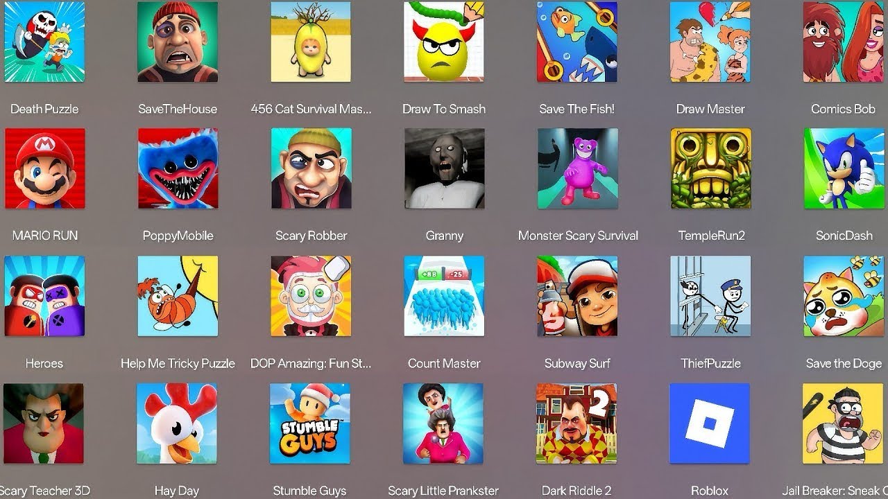 Roblox, Poppy Playtime 4, Grimace Monster Scary Survival,Thief Puzzle,Granny,Stumble Guys,TempleRun2