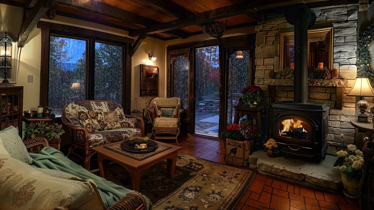 🔴Cozy Rain Ambience | Cosy Rainy Cabin with Relaxing Fireplace Burning Sounds for Deep Sleep💤