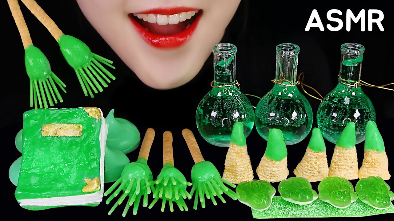GREEN FOOD ASMR WITCH FOOD, EDIBLE BROOMSTICK, EDIBLE BOOK, EDIBLE NAIL MUKBANG NO TALKING