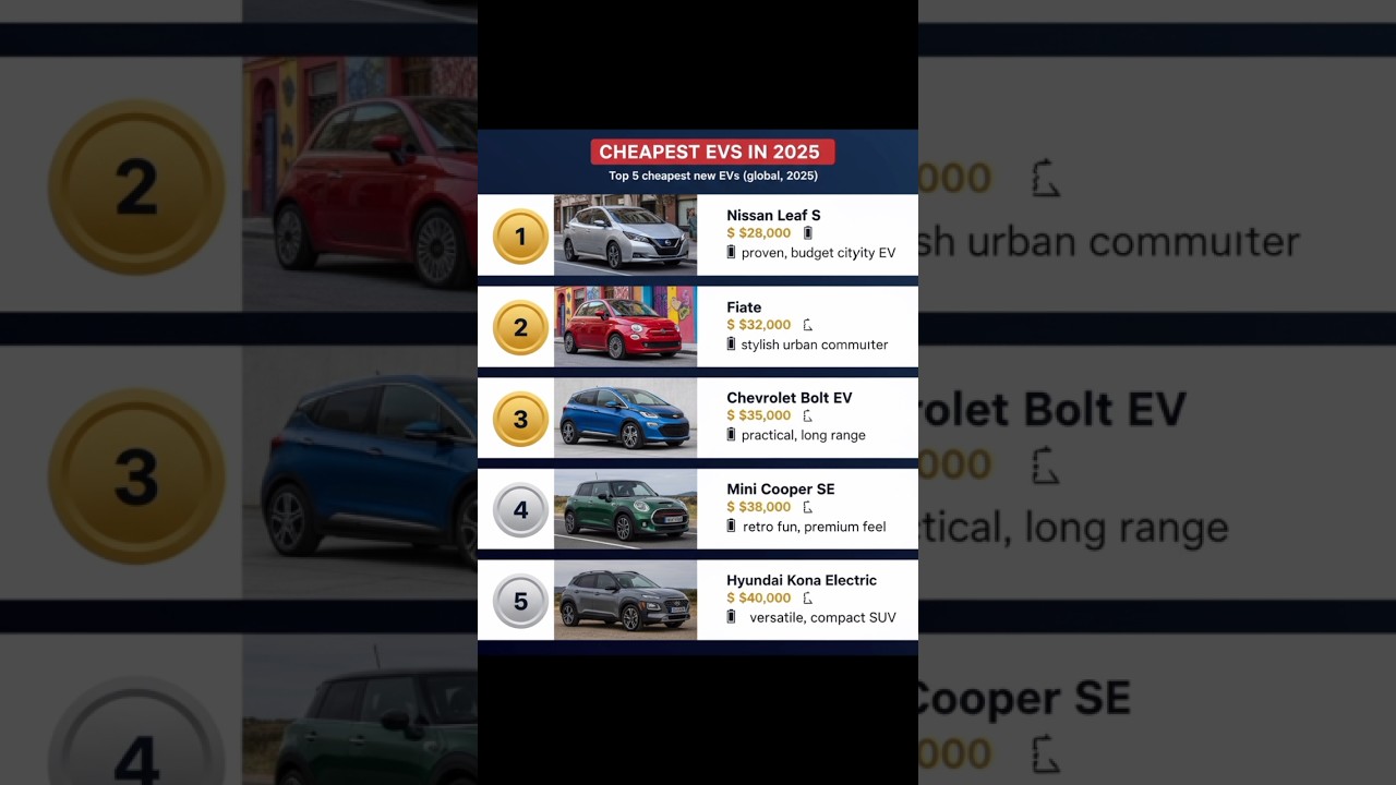 Cheapest EVs in 2025 &mdash; Top 5 budget electric cars (global)