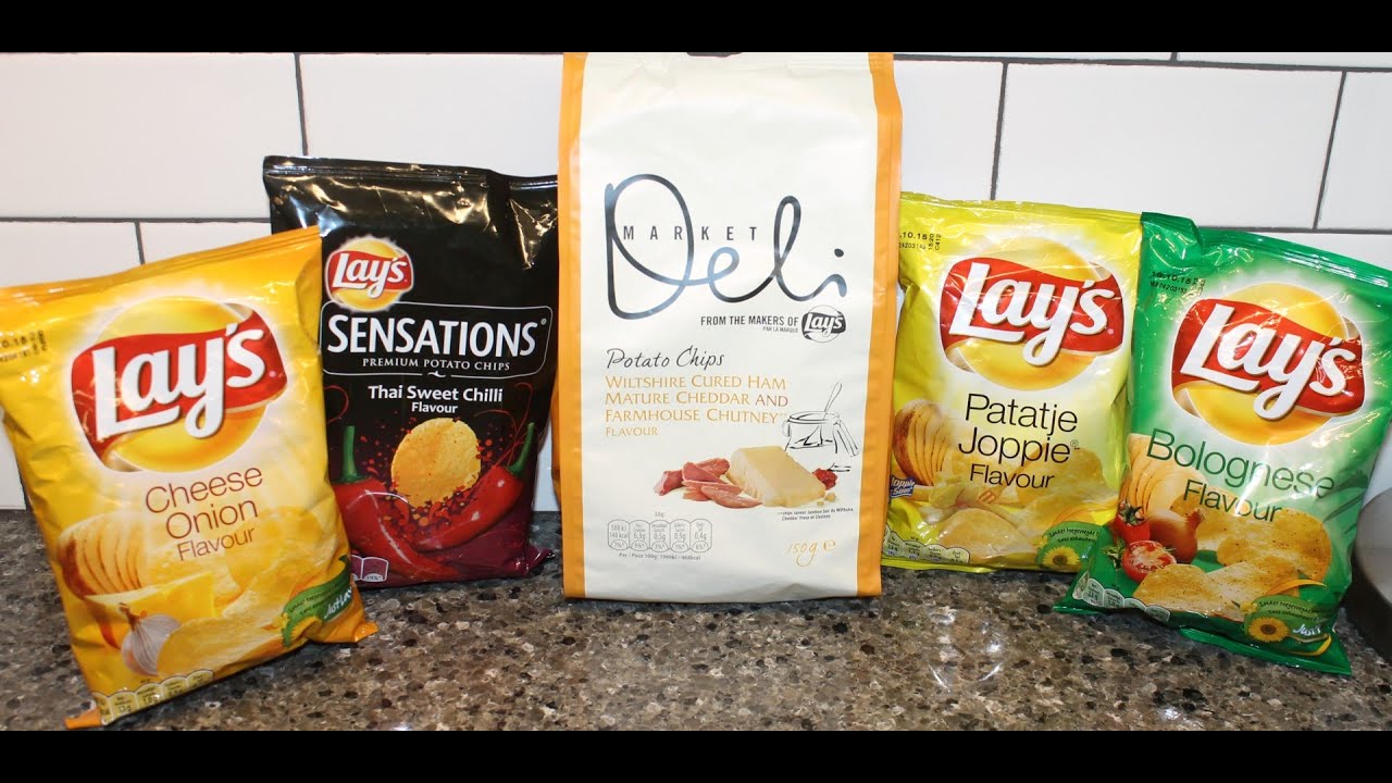 From Germany: Lay’s Cheese Onion, Thai Sweet Chilli, Wiltshire Cured Ham, Patatje Joppie & Bolognese