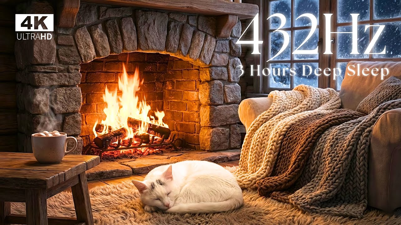 3 Hours Deep Sleep ❄️ 432Hz Flowing Winter Lullaby | Blizzard & Cozy Fireplace Sanctuary | Lilmon