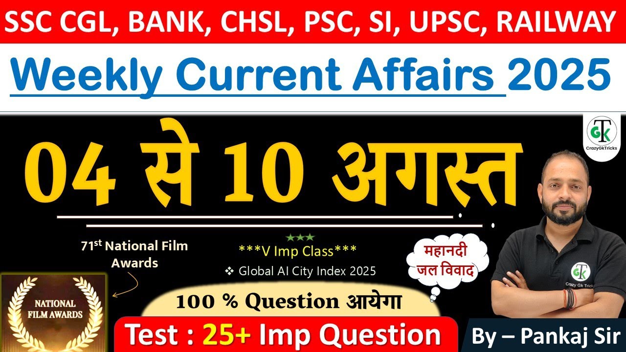 4-10 August 2025 Weekly Current Affairs | Most Important Current Affairs 2025 | CrazyGkTrick