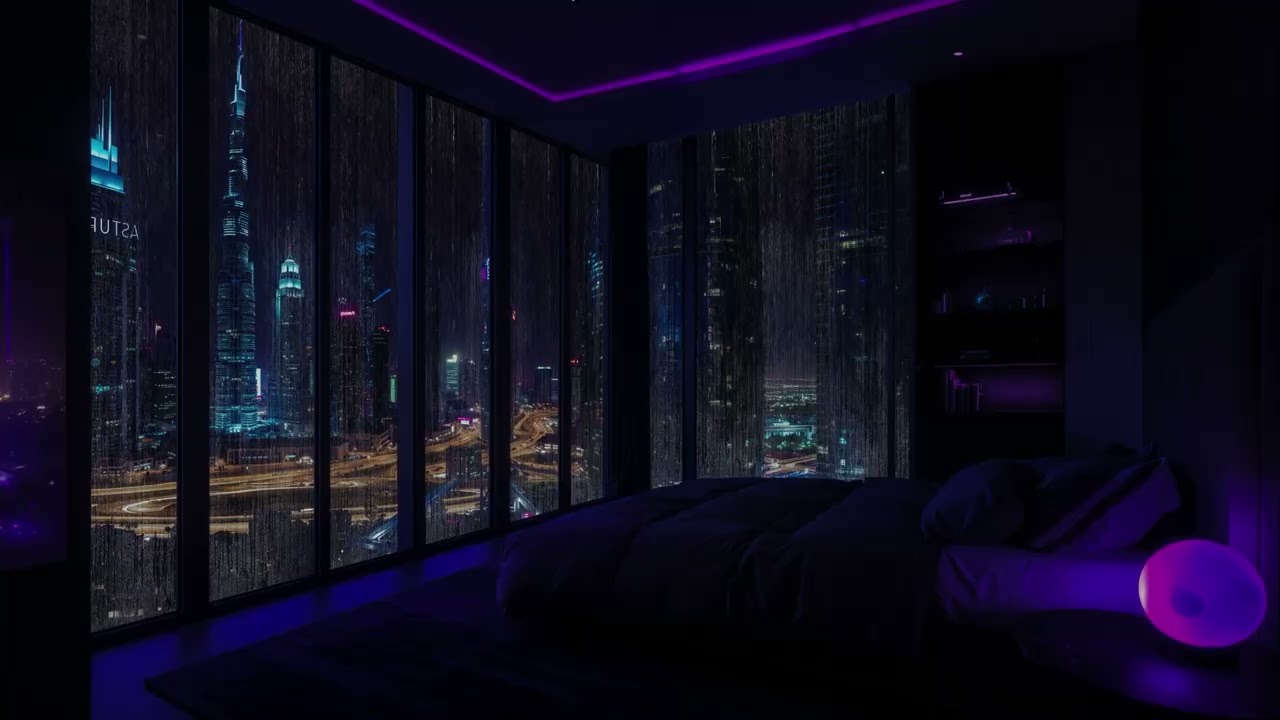 Midnight Rain Over the Neon City 🌆  Dark Luxury Bedroom Ambience for Deep Sleep 🌧️🪟🌙