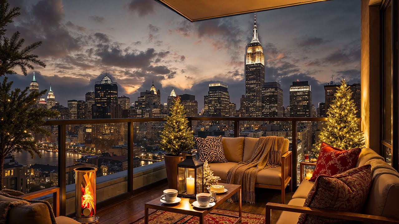 New York Winter Balcony Jazz ☕ Cozy Fireplace Ambience & Smooth Jazz Music for Study, Work