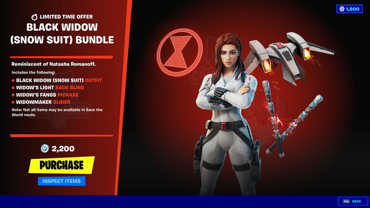 Black Widow Snow Suit Bundle -  Black Widow Snow Suit Skin, Widowmaker Glider, Widow's Fangs Pickaxe