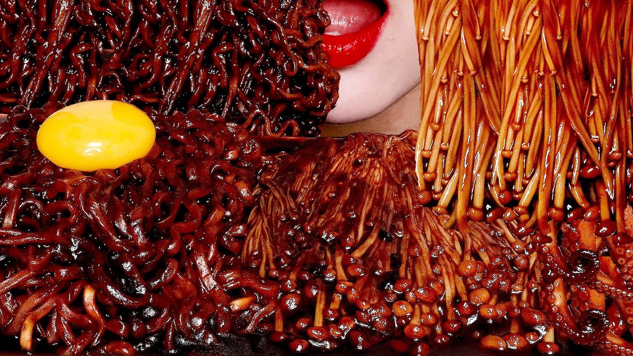 ASMR SPICY BLACK BEAN ENOKI MUSHROOMS BABY OCTOPUS 짜장불닭 팽이버섯, 쭈꾸미 먹방  MUKBANG