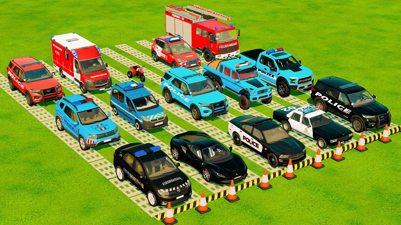 TRANSPORTING POLICE CARS, AMBULANCE, FIRE TRUCK, COLORFUL CARS WITH TRUCK -FARMING SIMULATOR 22!