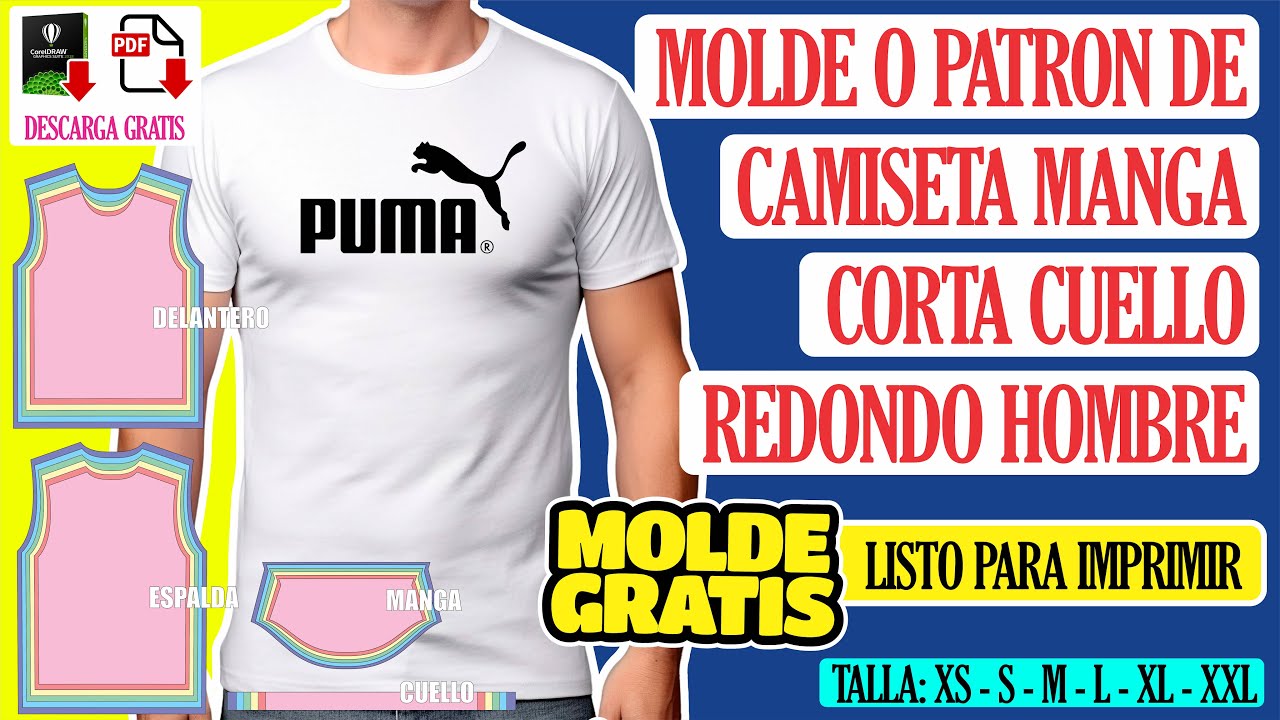 #MoldeGratis - Molde Camiseta Manga Corta | Cuello Redondo Hombre | Talla XS - S - M - L - XL - XXL