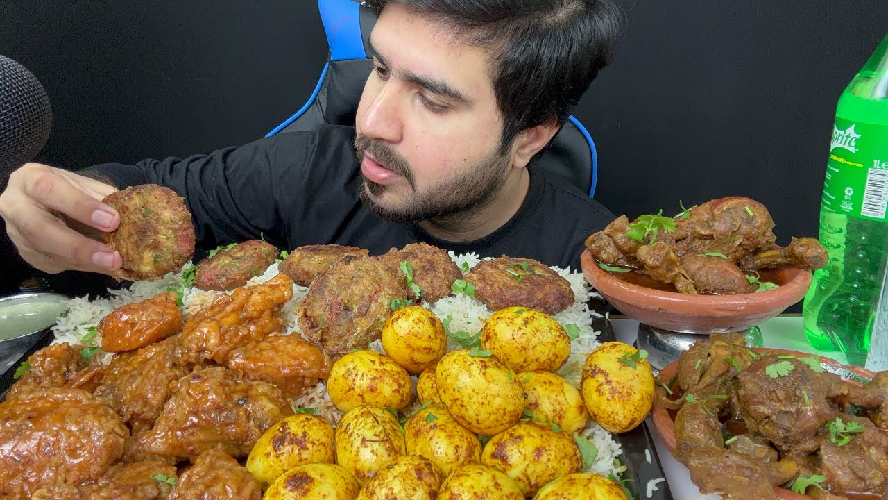 ASMR; Eating Spicy Chicken Legs Curry+Chicken Manchurian+ chicken potato, cutlets+Rice || Mukbang