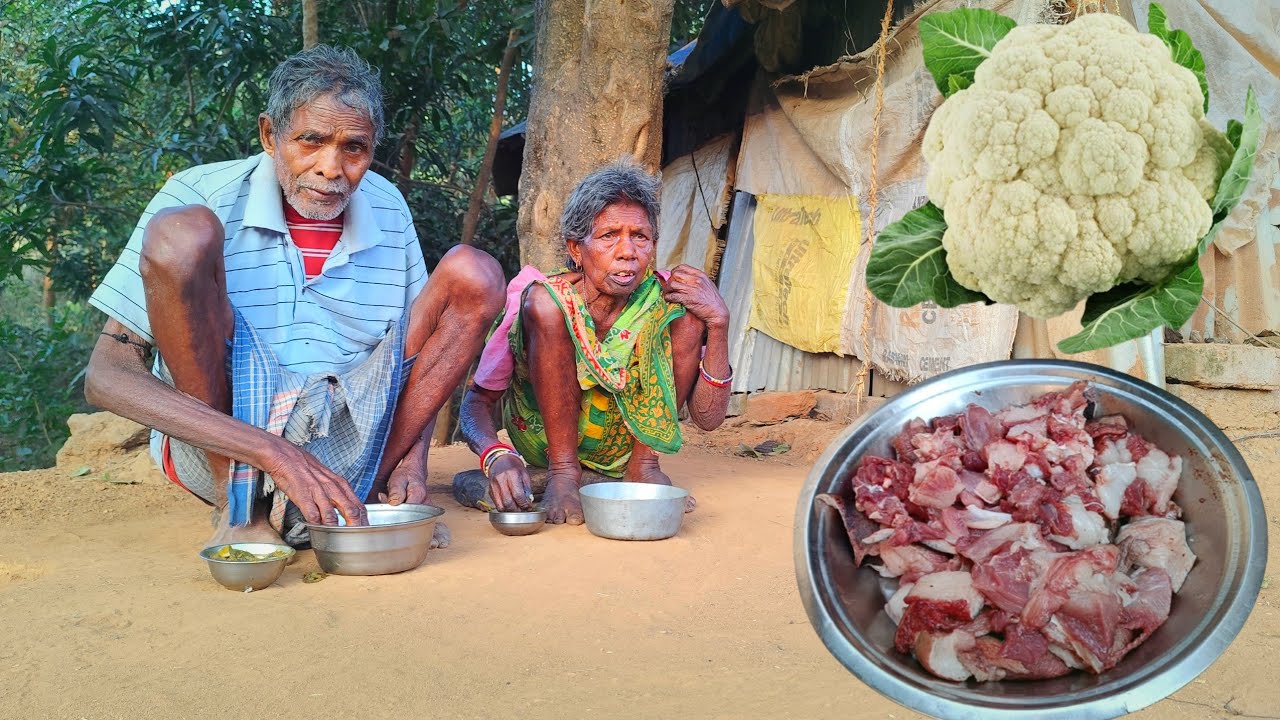 100 years old tribe grandma cooking MUTTON  curry and eating with her old husband || village life