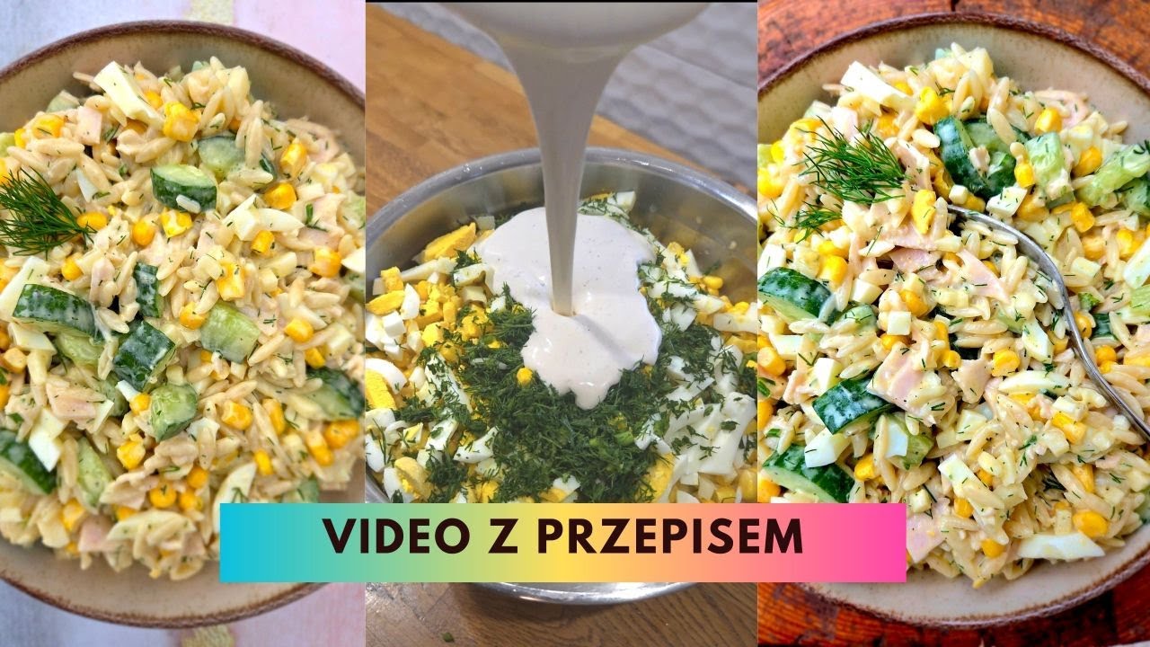 Sałatka z orzo, szynką i kukurydzą. 