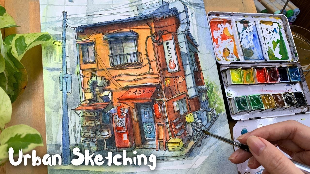 Urban Sketching of a Japanese Shop House with Watercolors