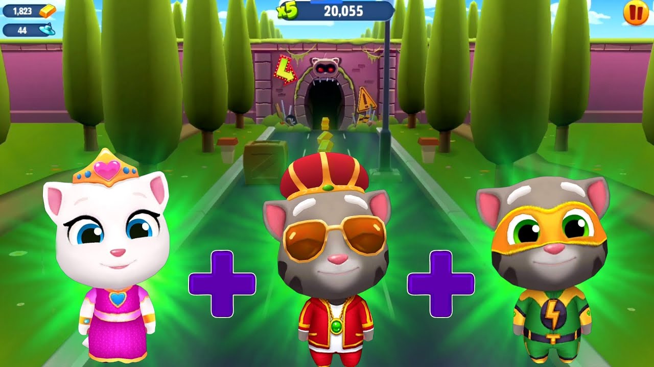 Talking Tom Gold Run - King Tom + Super Tom + Princess Angela + Zombie Ben vs Raccoon