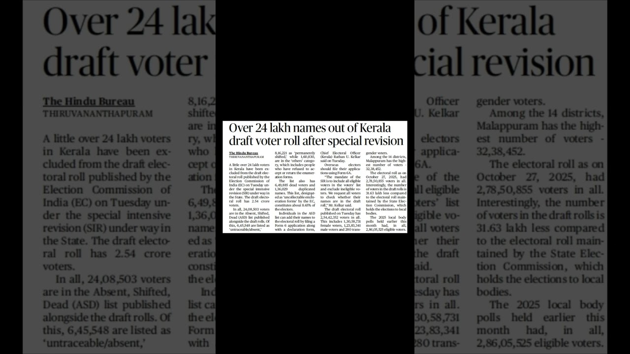 Over 24 lakh names out of Kerala draft voter roll after special revision
