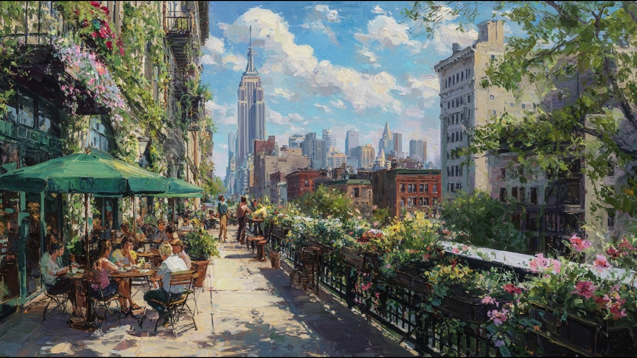 𝐒𝐮𝐧𝐧𝐲 𝐂𝐚𝐟𝐞́ 𝐢𝐧 𝐍𝐞𝐰 𝐘𝐨𝐫𝐤 ☕ Relaxing Vintage Jazz & Soft Music — Rooftop Garden | Study & Chill