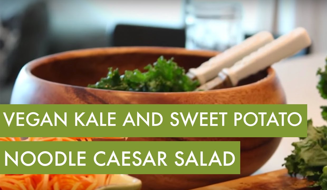 Spiralized Sweet Potato Noodle and Kale Caesar Salad I Vegan Spiralizer Recipe