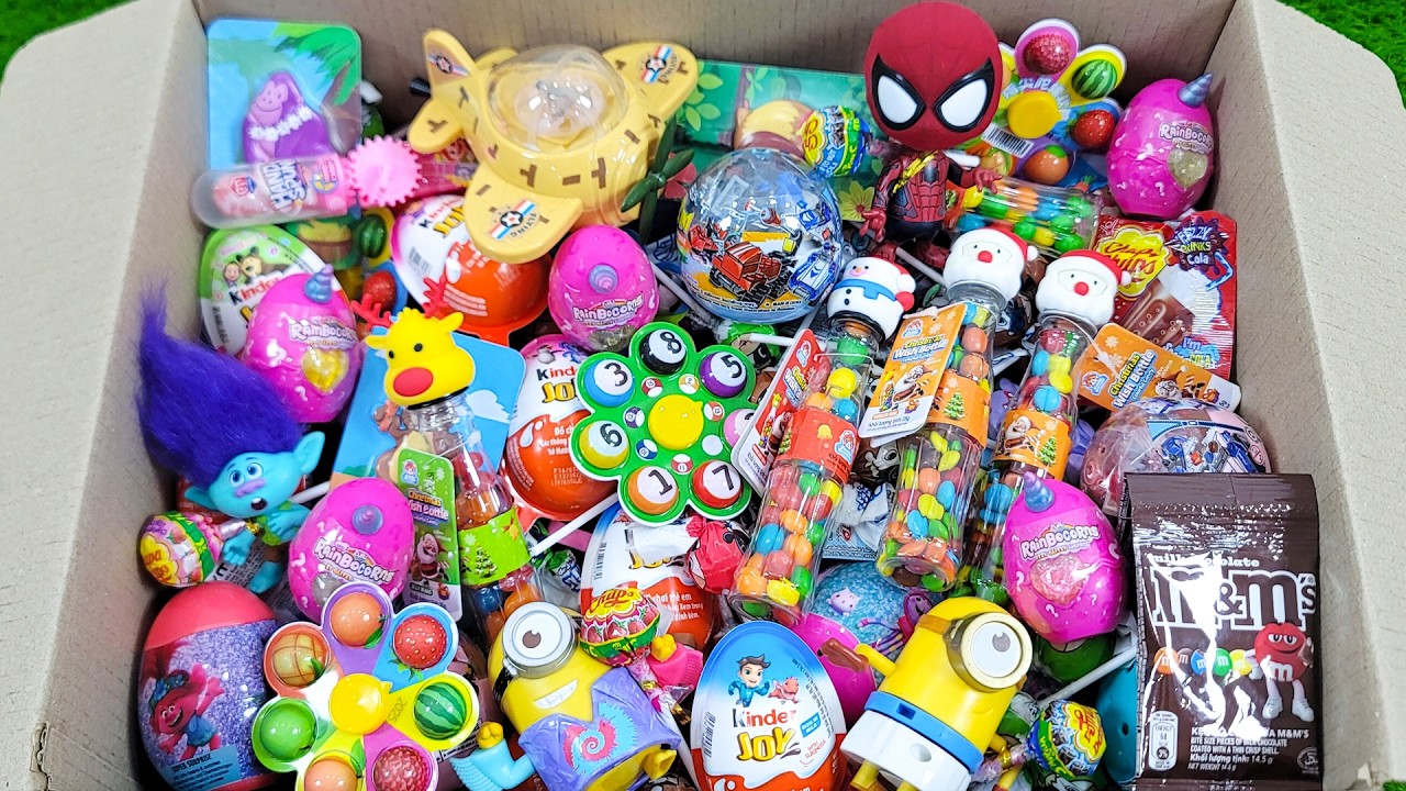 Unpacking Box Full Of Kinder Joy, Fun Lollipop, Chocolate with Satisfying Toys Inside | ASMR