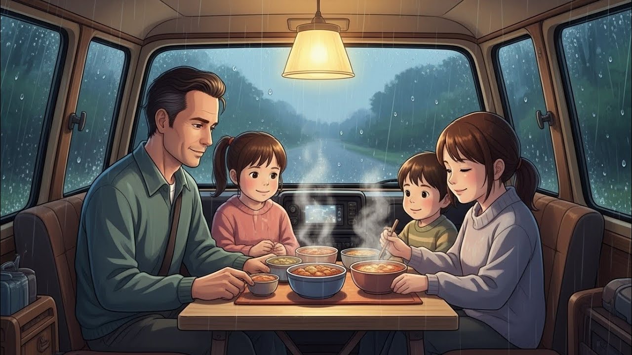 Rainy Night Van Life ASMR | Cozy Family Dinner Inside a Van | Ghibli Style